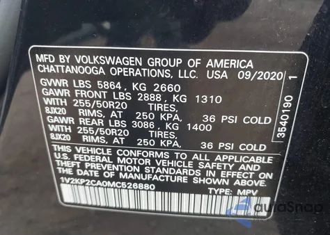 2021 Volkswagen Atlas 2.0T Se W/Technology z USA, uszkodzony, nr VIN 1V2KP2CA0MC526880
